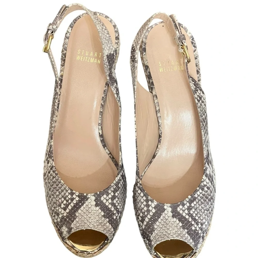 Stuart weitzman Beige Snakeskin Embossed Leather Espadrille Wedge Slingback 9.5M